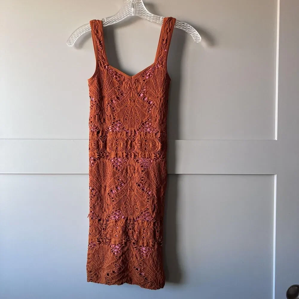 Intimately Free People Mini Dress Womens XS/S Rust Crochet Lace Bodycon Made USA - Picture 1 of 6